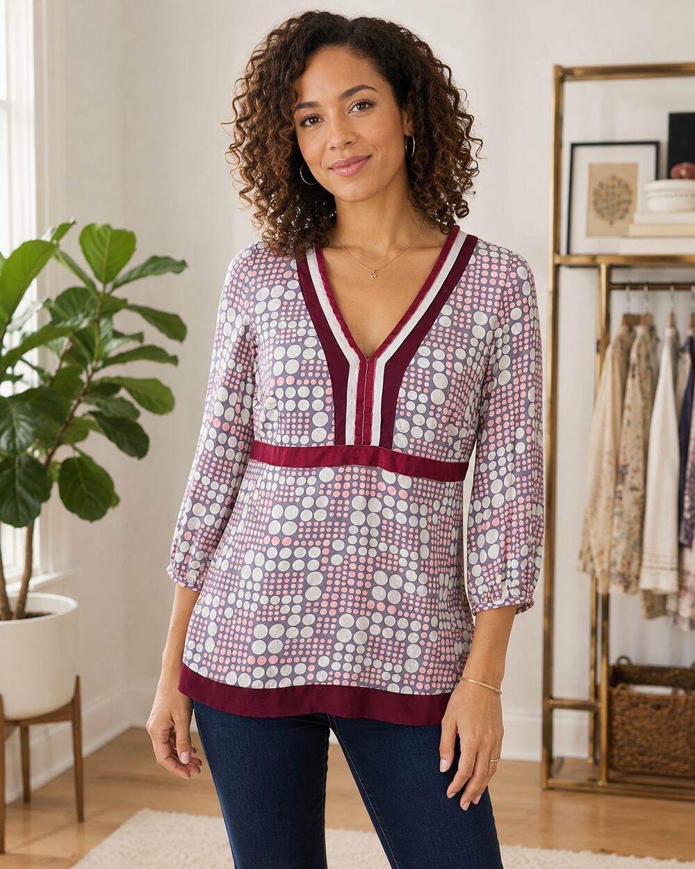 Boden Limited Edition Silk Circle Print Blouse Velvet Trim Women's 6